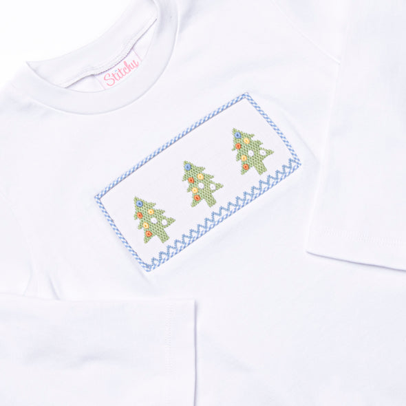 Christmas Tree Trio Smocked Pant Set, Blue Gingham