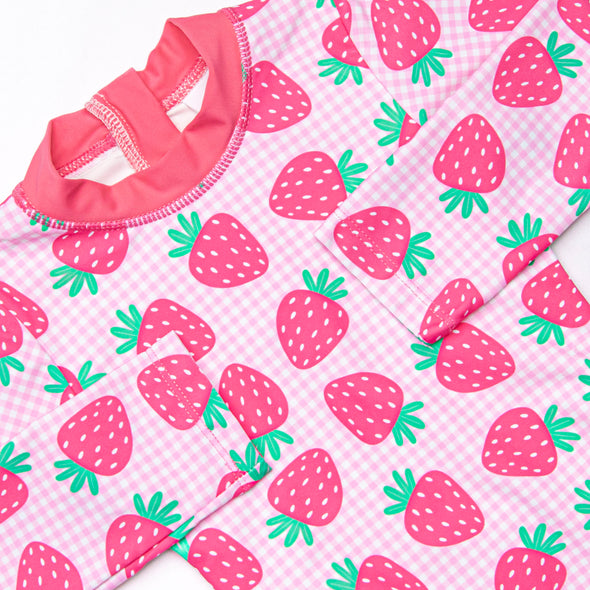 Very Strawberry Long Sleeve One Piece Rash Guard, Pink