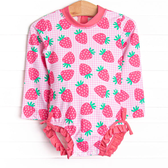 Very Strawberry Long Sleeve One Piece Rash Guard, Pink