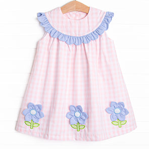 Petal Me Pretty Applique Dress, Pink Check