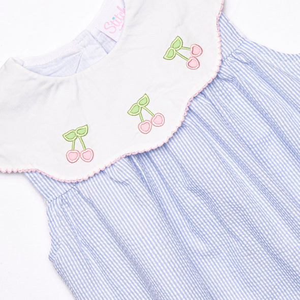 Tart Trio Embroidered Dress, Blue Seersucker