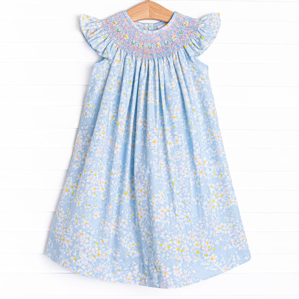 Fluttering Fields Smocked Bishop Dress, Blue