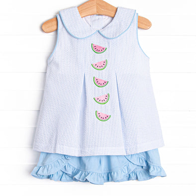 Watermelon Whimsy Embroidered Ruffle Short Set, Blue