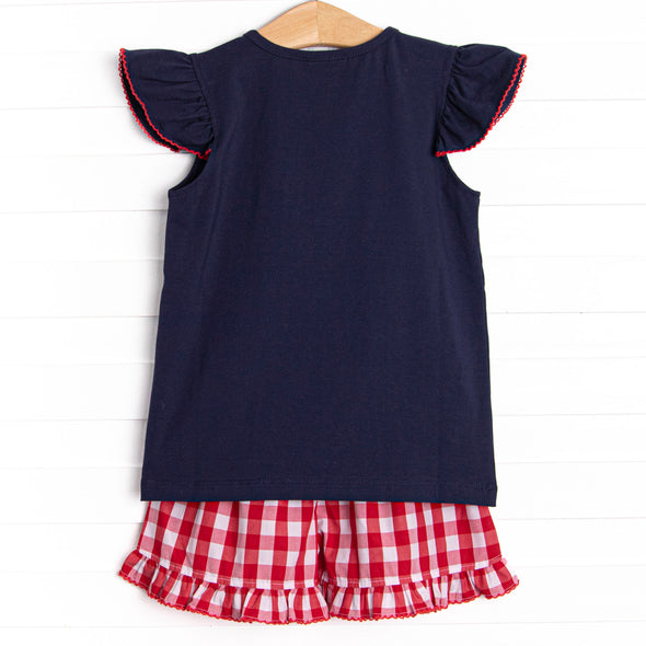 Big League Baller Smocked Flutter Sleeve Short Set, Navy