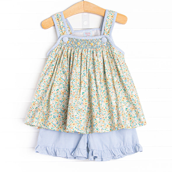 Honeysuckle Spring Smocked Ruffle Short Set, Blue