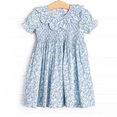 Blossomed and Blue Smocked Dress, Blue