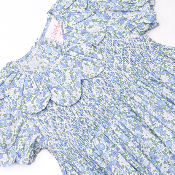 Blossomed and Blue Smocked Dress, Blue