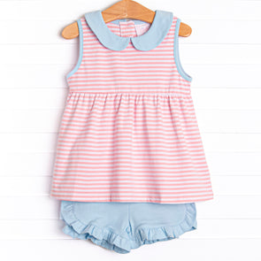 Isabella Ruffle Short Set, Blue and Pink Stripe