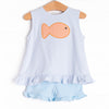 Gingham Goldfish Applique Ruffle Short Set, Blue