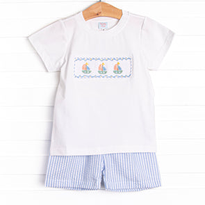 Coastal Cruise Smocked Short Set, Blue Seersucker