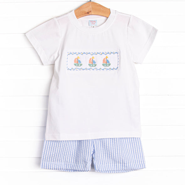 Coastal Cruise Smocked Short Set, Blue Seersucker