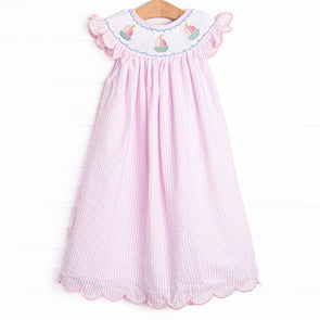 Coastal Cruise Smocked Bishop Dress, Pink Seersucker