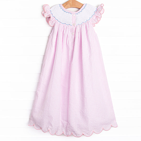 Coastal Cruise Smocked Bishop Dress, Pink Seersucker