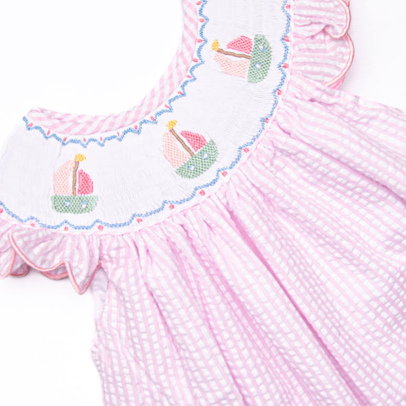 Coastal Cruise Smocked Bishop Dress, Pink Seersucker