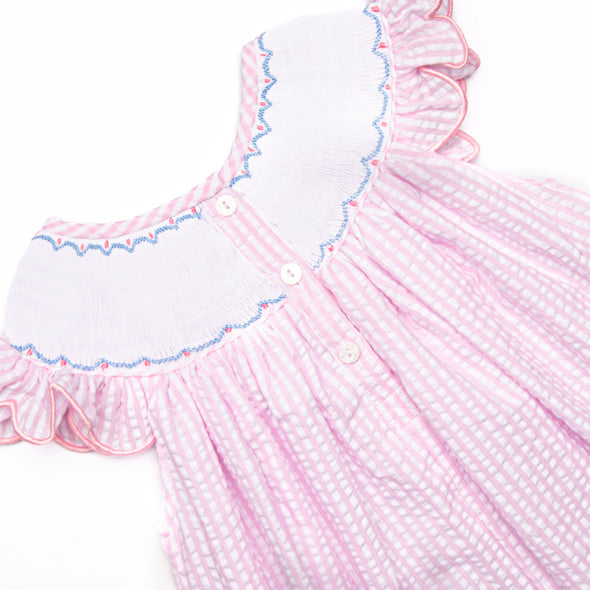 Coastal Cruise Smocked Bishop Dress, Pink Seersucker