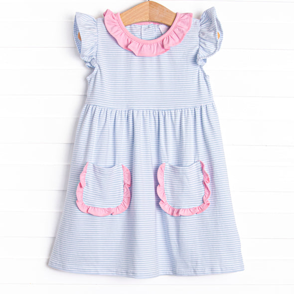 Laney Flutter Sleeve Dress, Pink and Blue Stripe