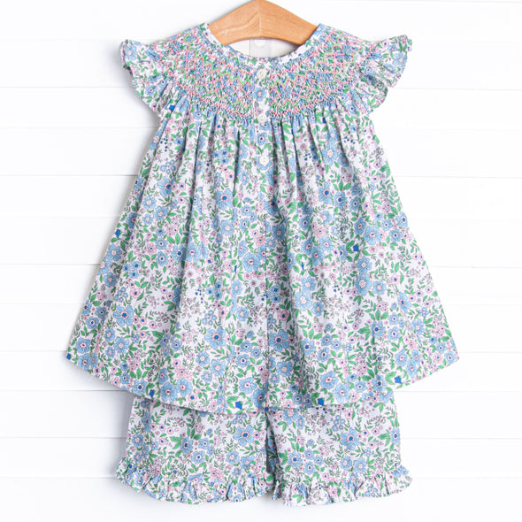 Perfect Petals Smocked Ruffle Short Set, Blue