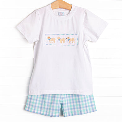 Plaid Paws Smocked Short Set, Blue