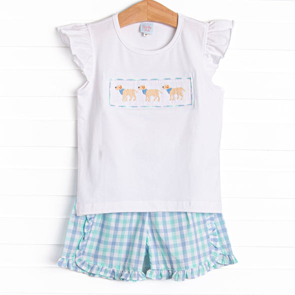 Plaid Paws Smocked Ruffle Short Set, Blue