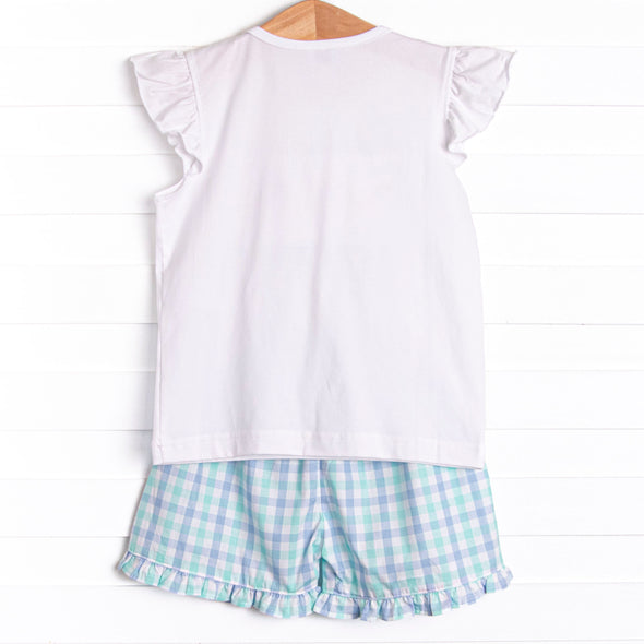 Plaid Paws Smocked Ruffle Short Set, Blue