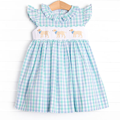 Plaid Paws Smocked Dress, Blue