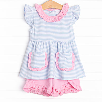 Laney Ruffle Short Set, Pink and Blue Stripe