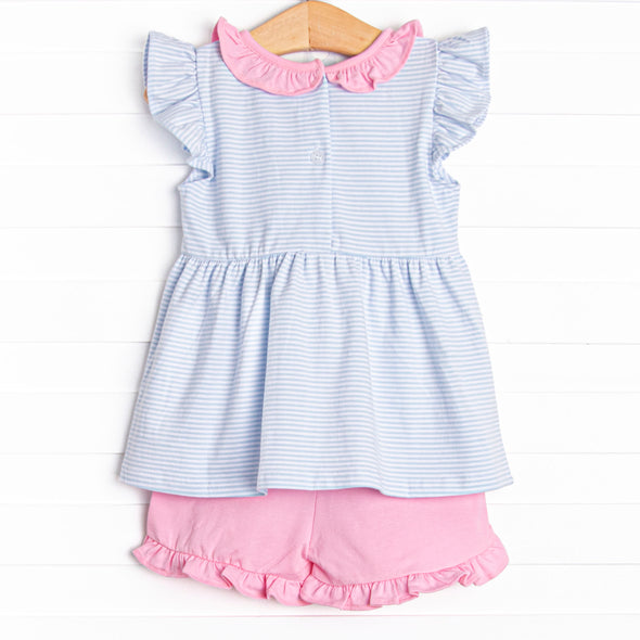 Laney Ruffle Short Set, Pink and Blue Stripe