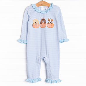 Halloween Hounds Applique Ruffle Romper, Blue