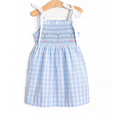 Checkered Cherries Smocked Dress, Blue