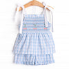 Checkered Cherries Smocked Short Set, Blue