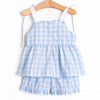 Checkered Cherries Smocked Short Set, Blue