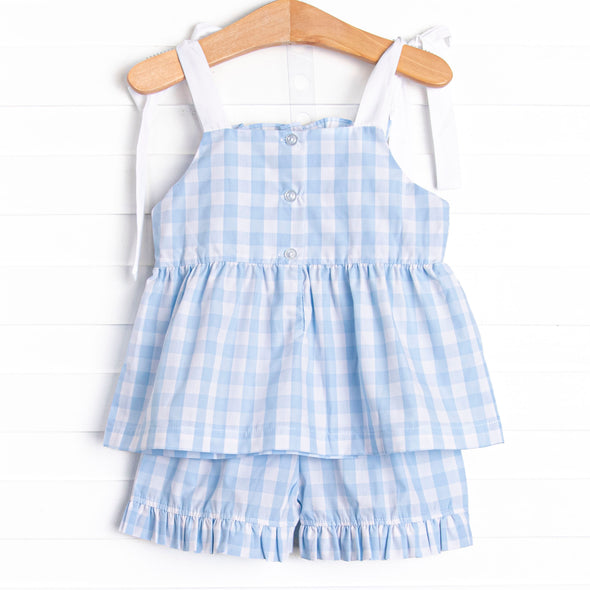 Checkered Cherries Smocked Short Set, Blue