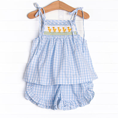 Duckling Dash Smocked Ruffle Short Set, Blue