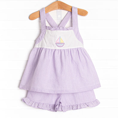 Seersucker Sailor Applique Ruffle Short Set, Purple