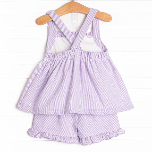 Seersucker Sailor Applique Ruffle Short Set, Purple