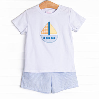 Seersucker Sailor Applique Short Set, Blue