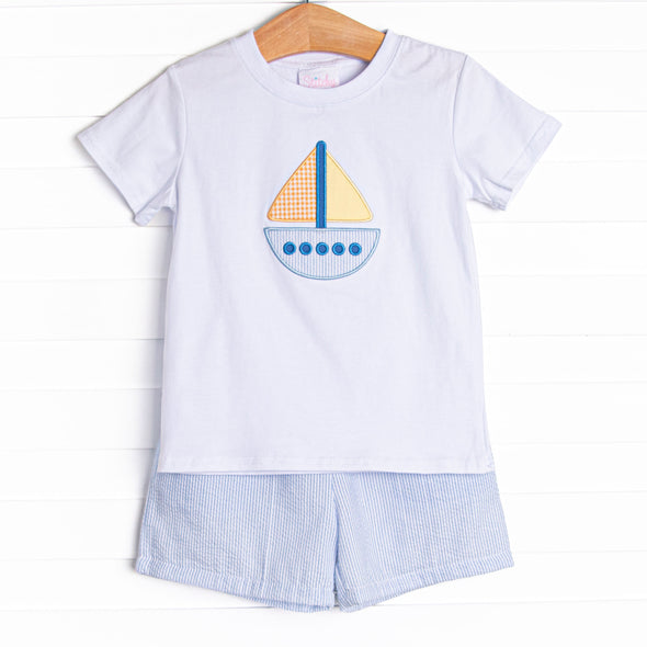 Seersucker Sailor Applique Short Set, Blue