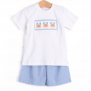 Coral Reef Crab Smocked Short Set, Blue