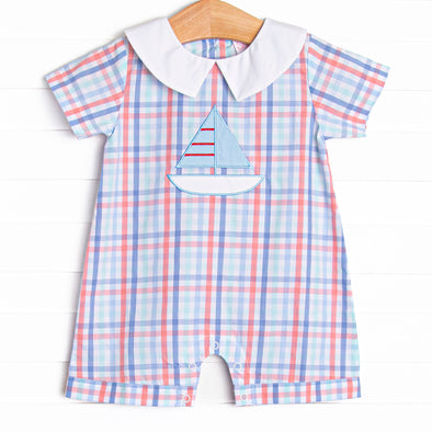 Sail On, Sailor Applique Short Romper, Blue