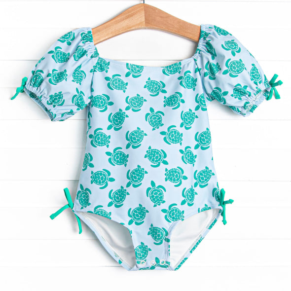 Tide Pool Turtles Puff Sleeve One Piece, Blue