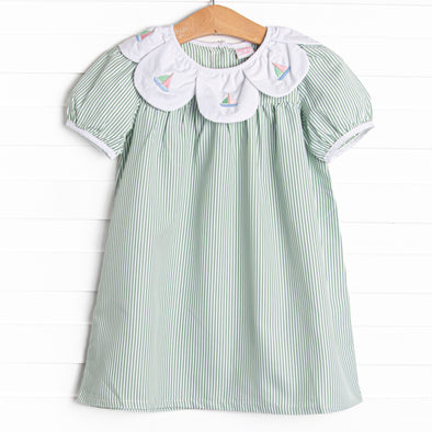 Bayside Boats Embroidered Dress, Green