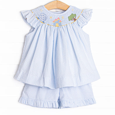 Amusement Park Adventures Smocked Ruffle Short Set, Blue Seersucker