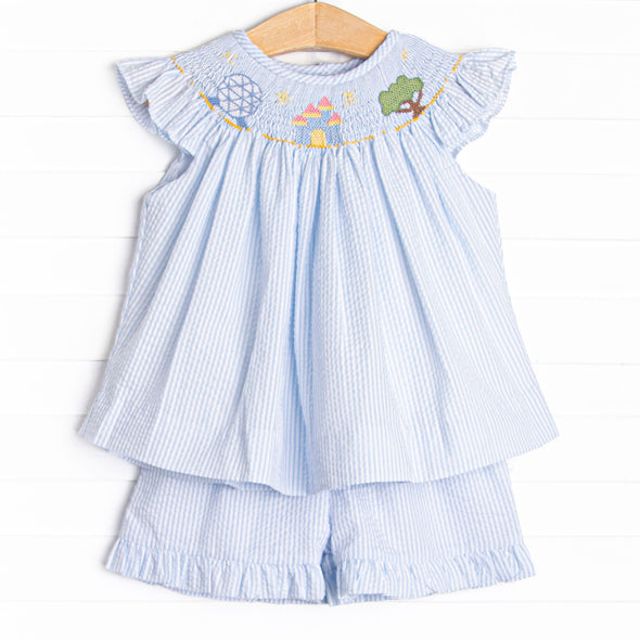 Amusement Park Adventures Smocked Ruffle Short Set, Blue Seersucker