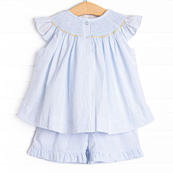 Amusement Park Adventures Smocked Ruffle Short Set, Blue Seersucker