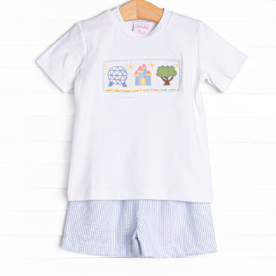 Amusement Park Adventures Smocked Short Set, Blue Seersucker