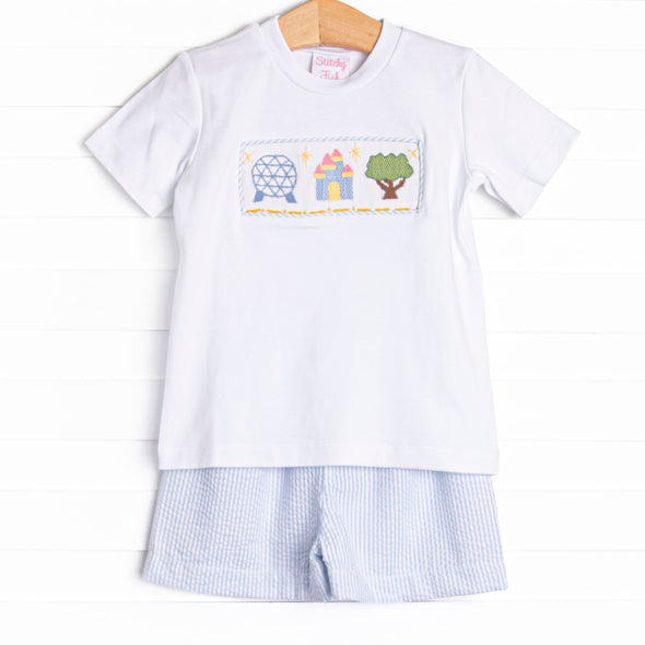 Amusement Park Adventures Smocked Short Set, Blue Seersucker