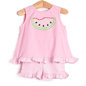 Melon Smiles Applique Girl Short Set, Pink