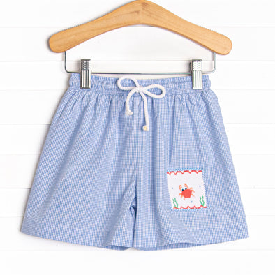 Crab Walk Catch Smocked Swim Trunks, Blue