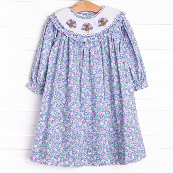 Turkey Thyme Smocked Bishop Dress, Blue