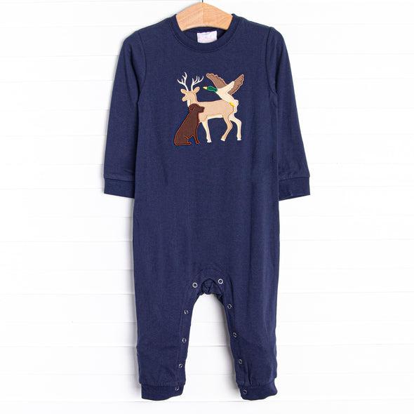 Hillside Hunt Applique Romper, Navy